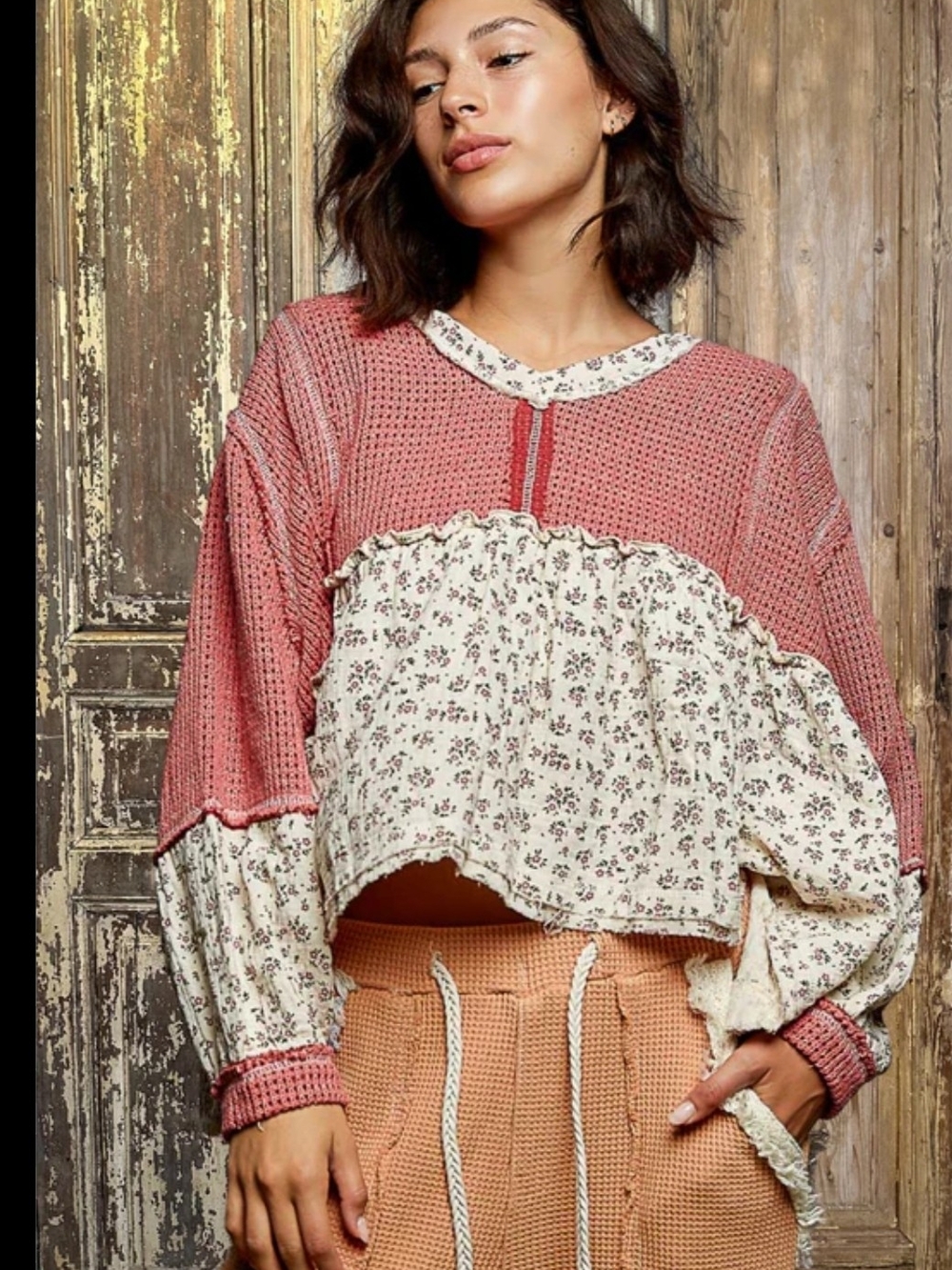 POL Pink & Cream Cropped Boho Pullover Top